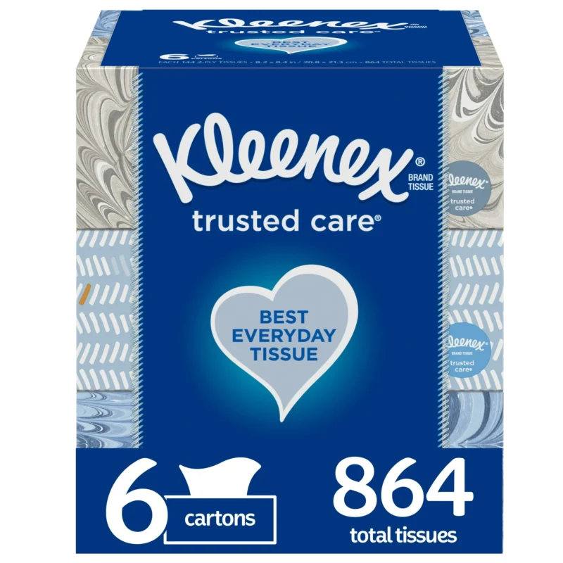 Kleenex Trusted Care Everyday Facial Tissues, 6 Flat Boxes, 144 White Tissues per Box, 2-Ply (864 Total)